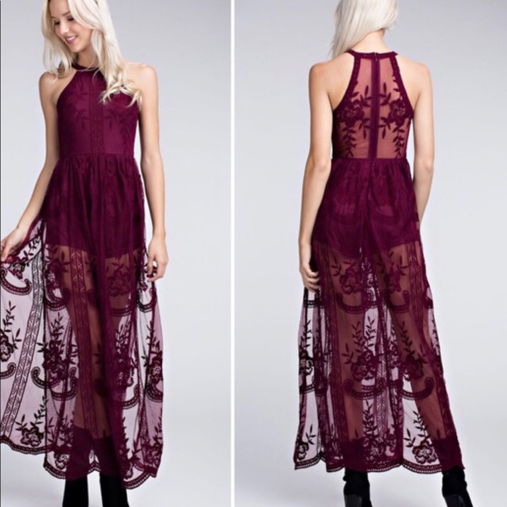 SOLD✅: Burgundy halter maxi romper lace dress